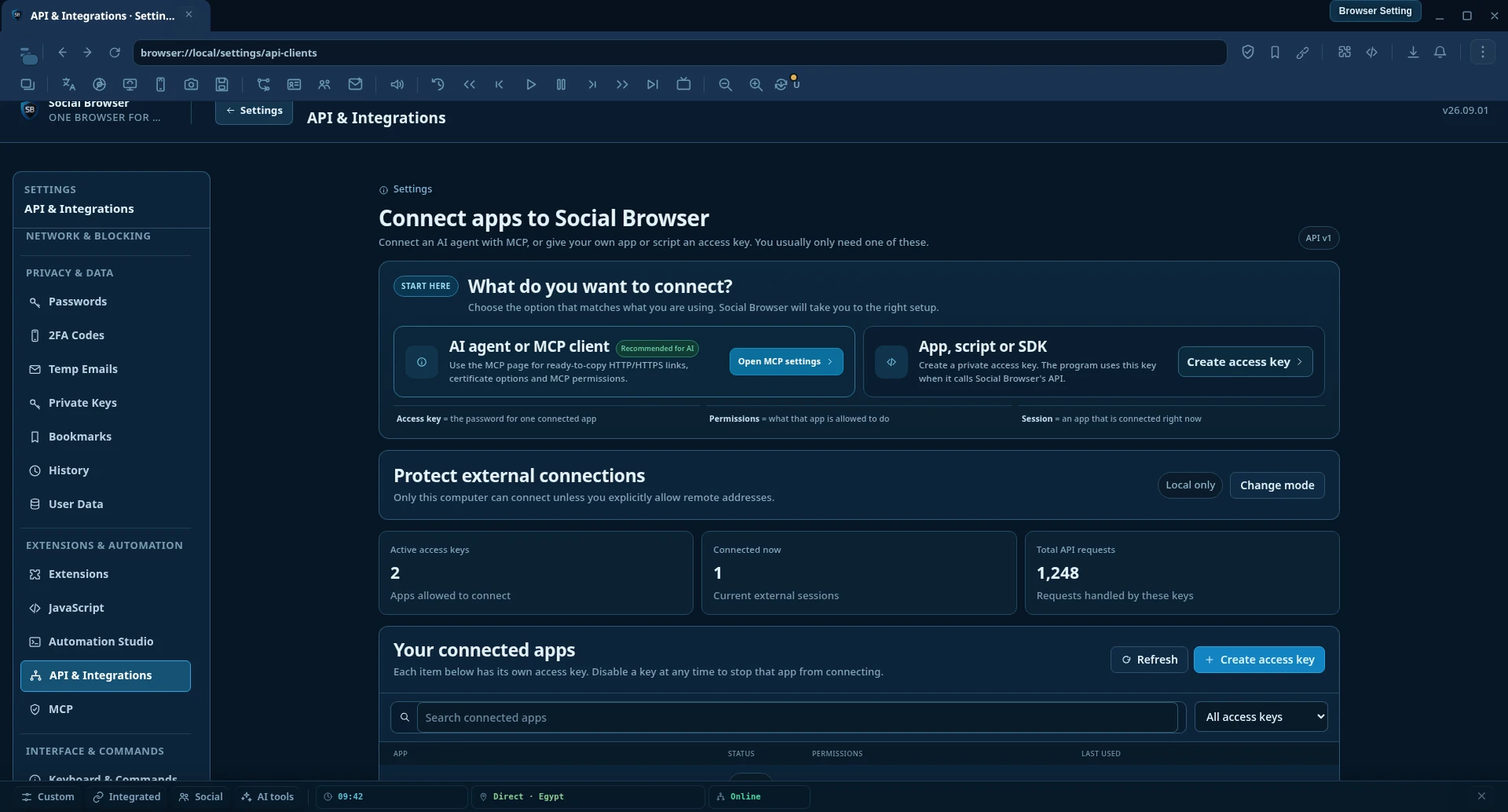 Social Browser API Clients settings