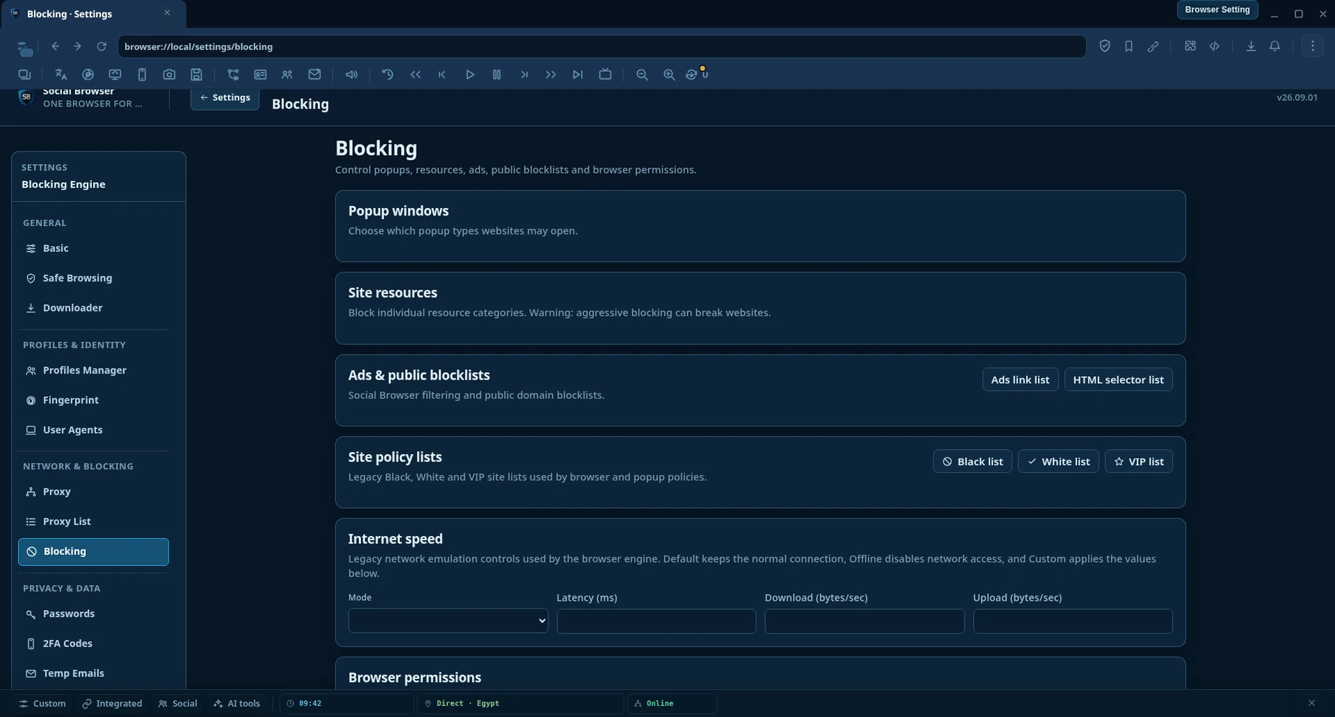 Blocking Engine — network emulation and browser permissions