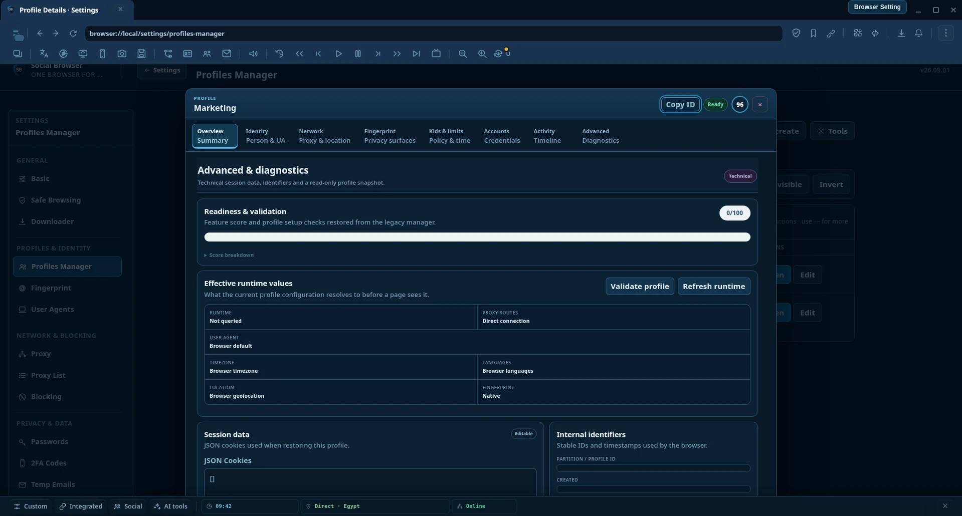 Edit Profile — advanced diagnostics