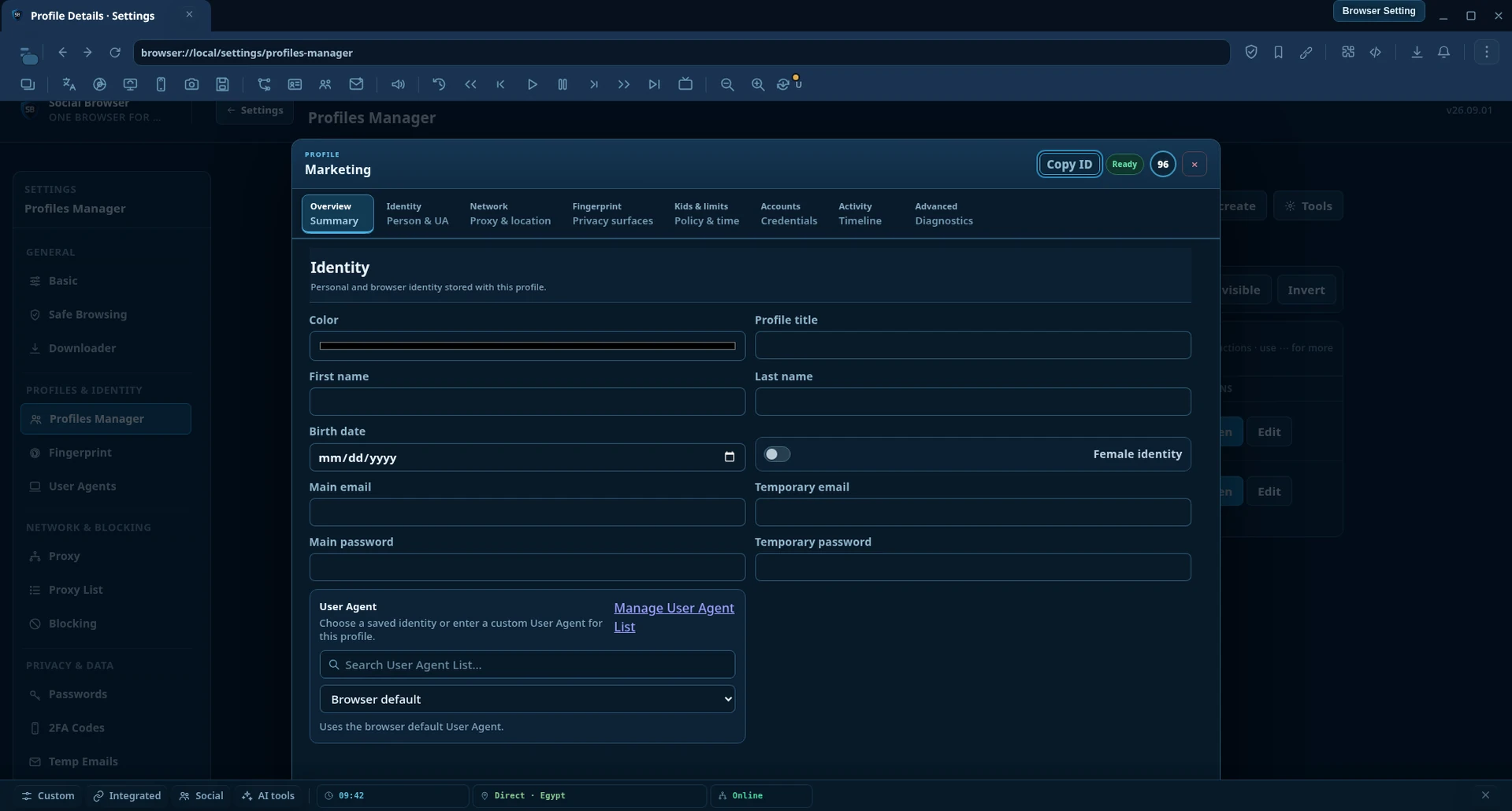 Edit Profile — Identity and custom User Agent