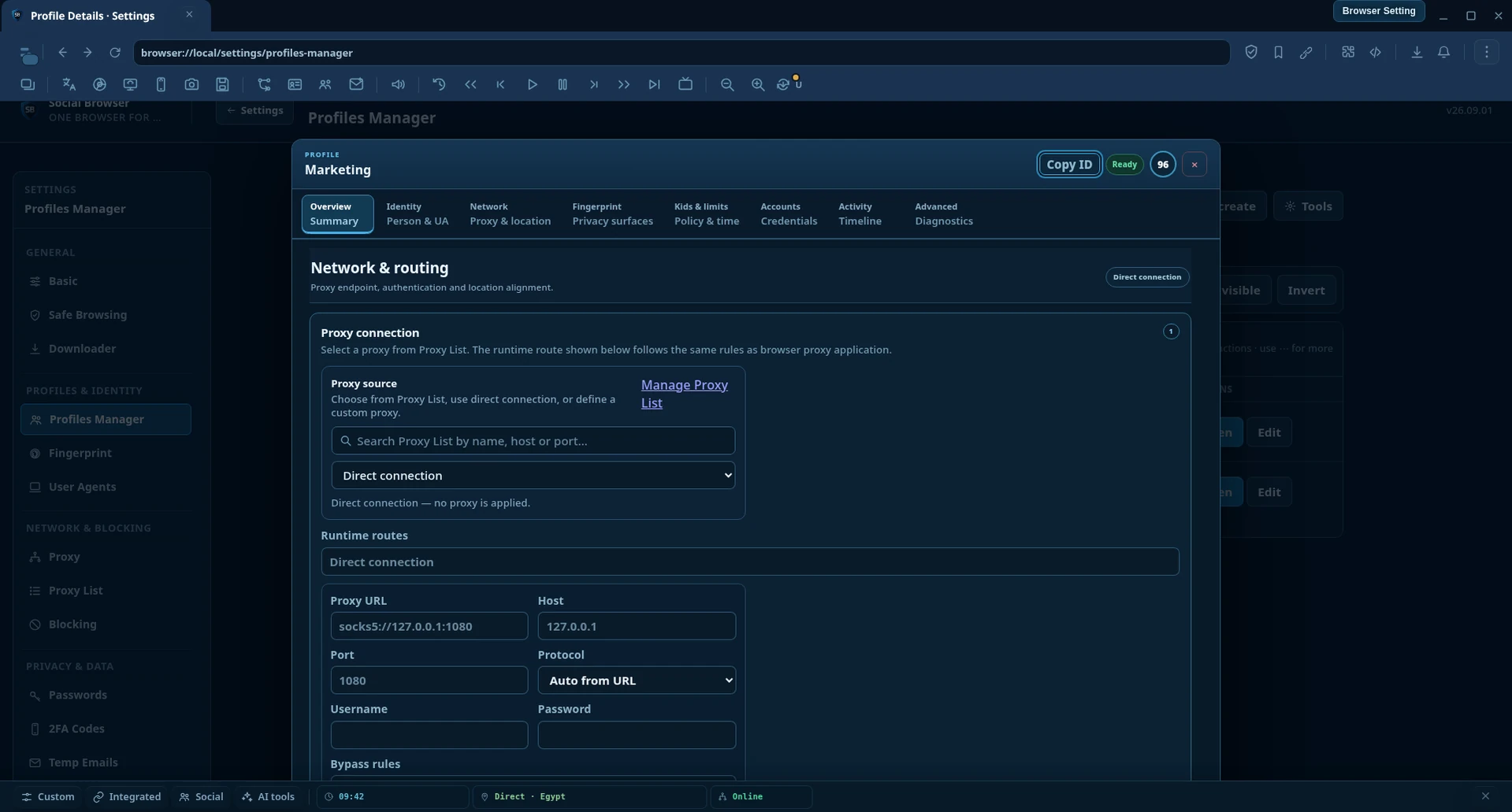 Edit Profile — Network and proxy source