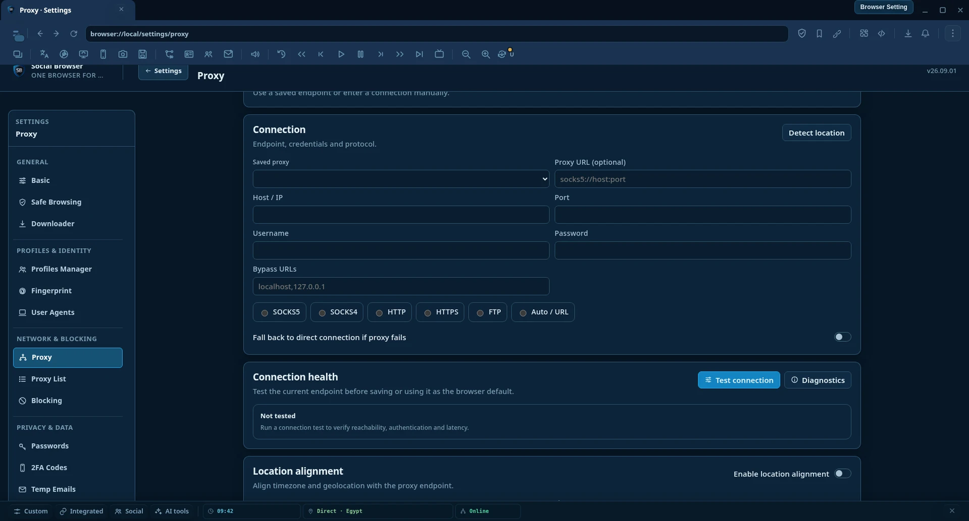 Proxy settings — connection health and location alignment