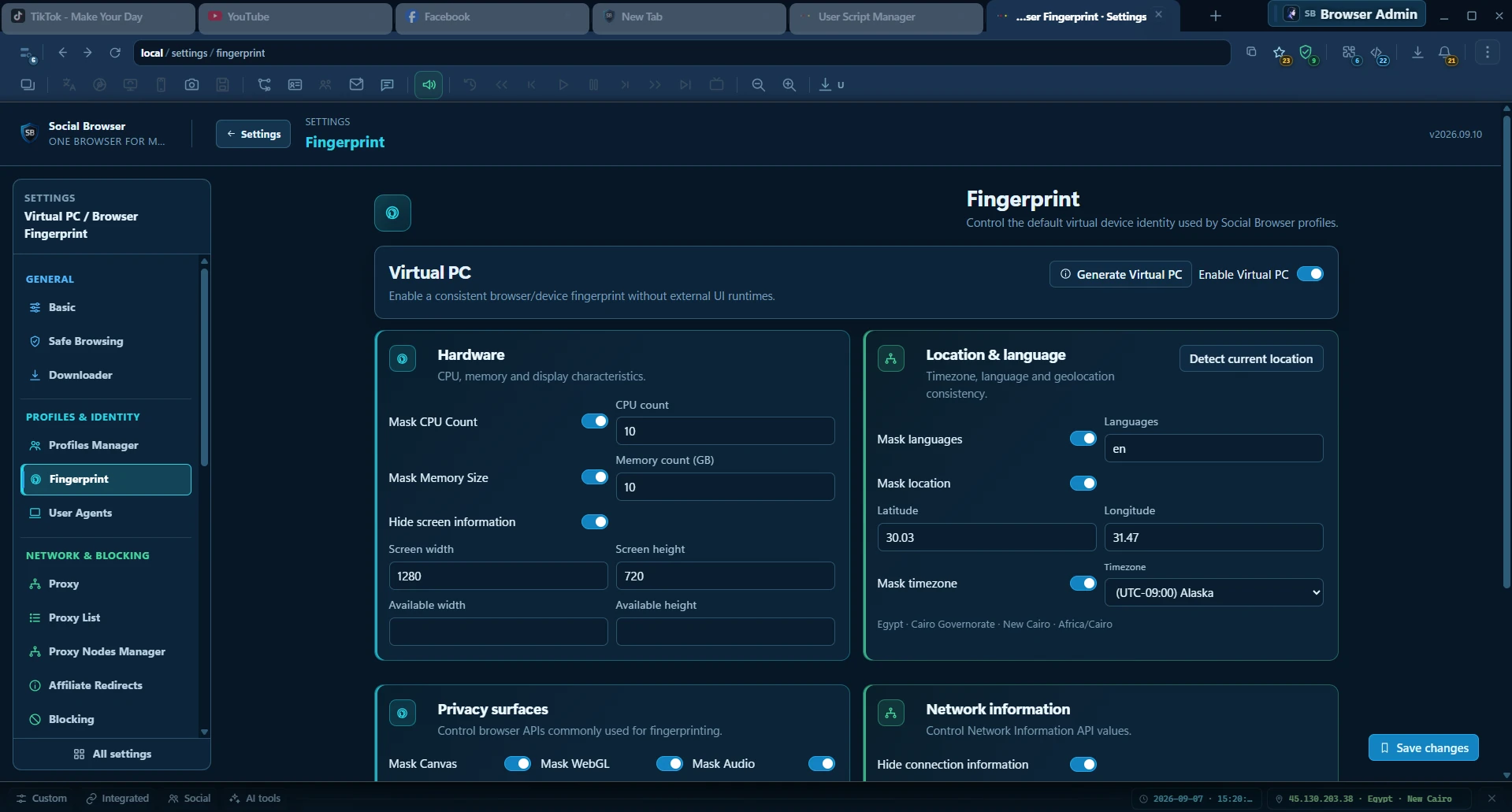 Fingerprint & Privacy Controls