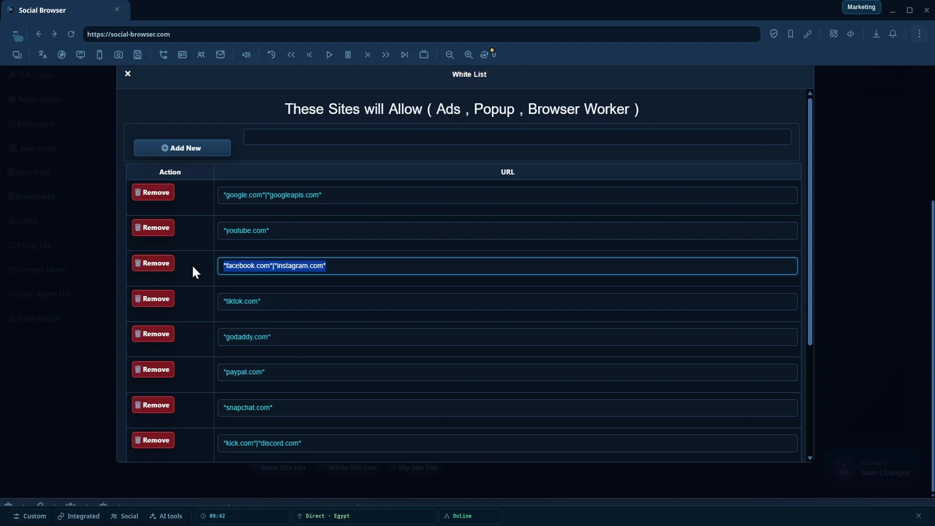 Social Browser White List dialog showing allowed site entries and Add New control.