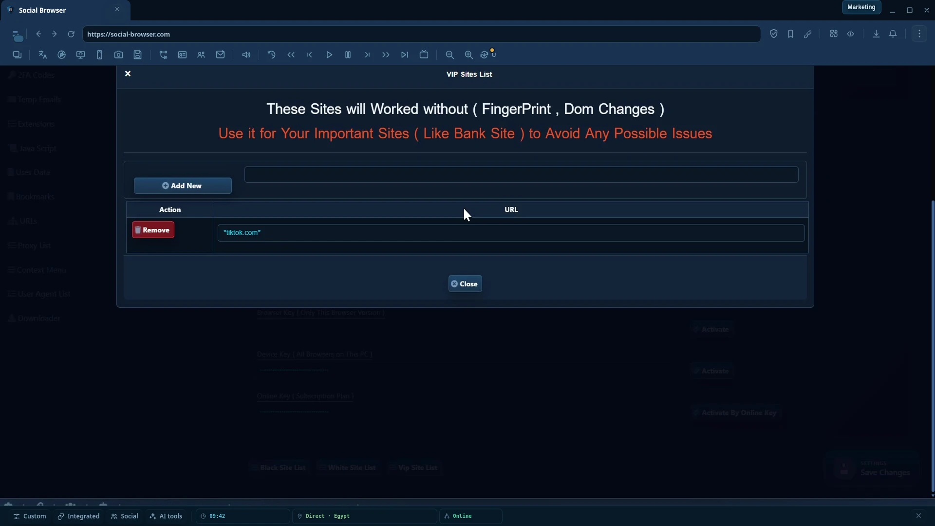 Social Browser VIP List compatibility dialog with URL entries and Add New action.