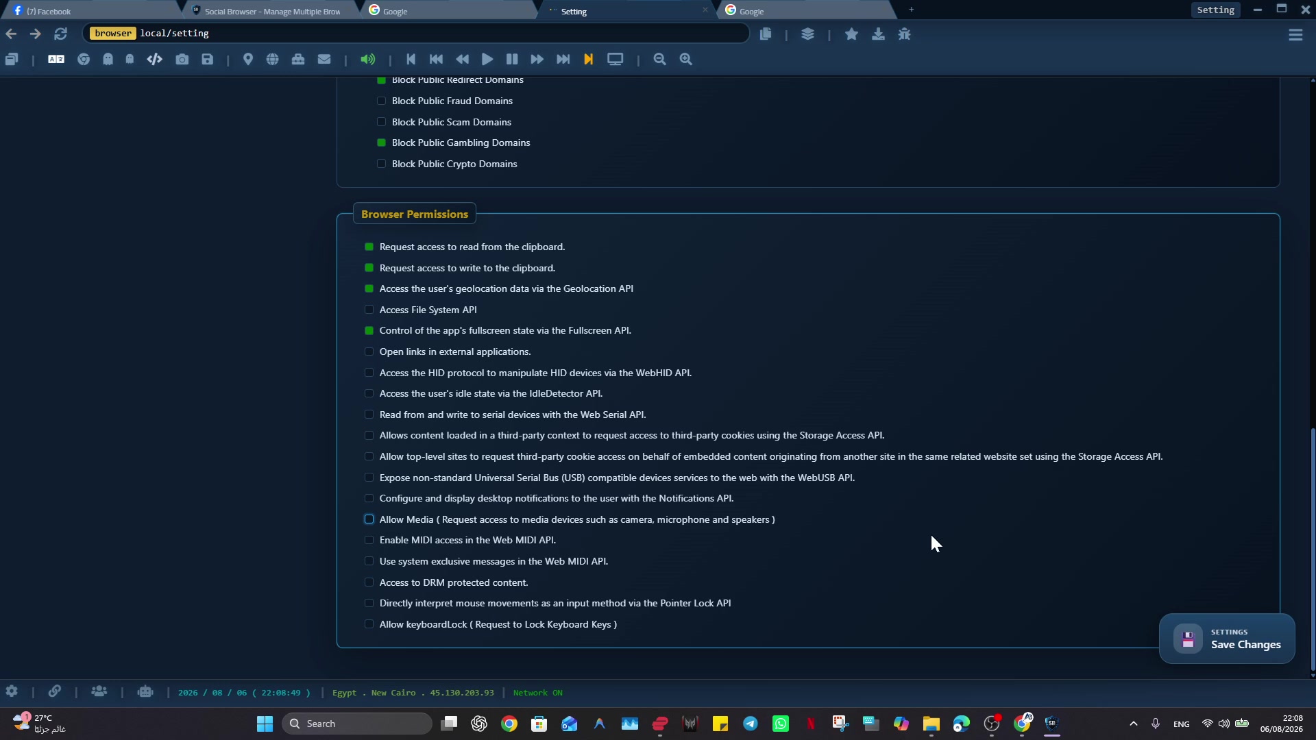 Social Browser permission and privacy settings with multiple site-access controls.