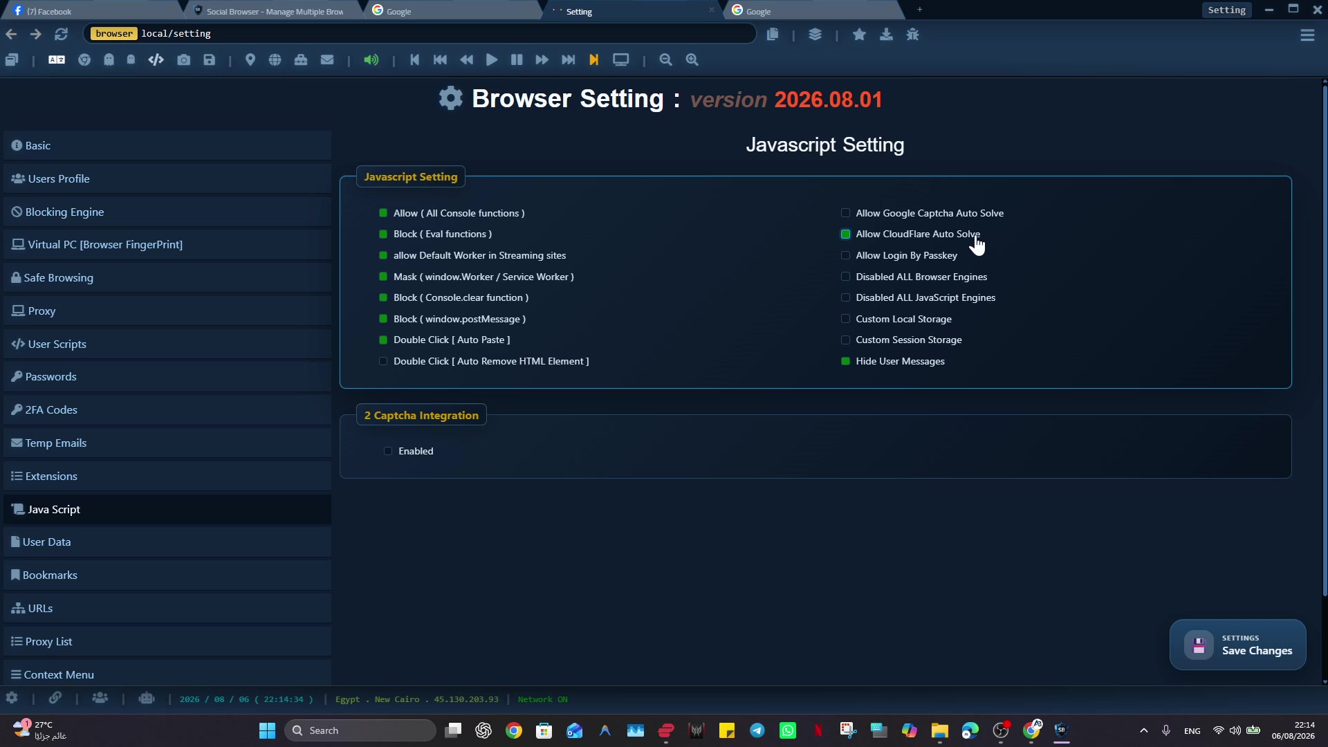 Social Browser JavaScript Settings page showing worker, console, storage, notification, and integration options.