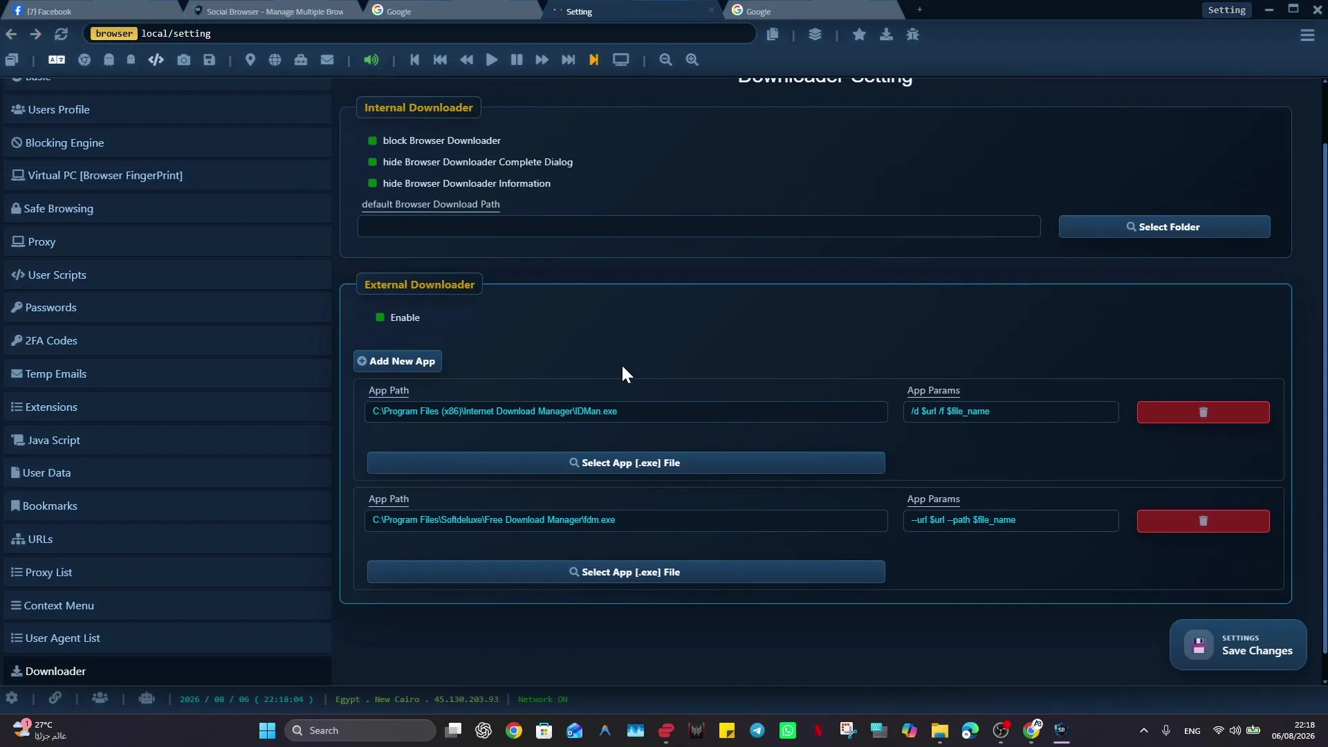 Social Browser Downloader settings with internal download controls, folder selection, and external app configuration.