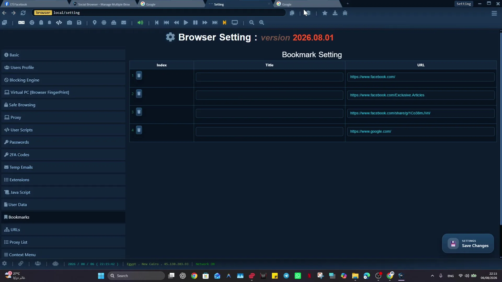 Social Browser Bookmark Setting screen with bookmark names and URLs.