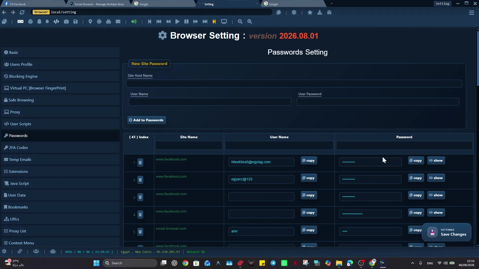 Social Browser Passwords Setting screen with saved site, username, and password rows and controls.
