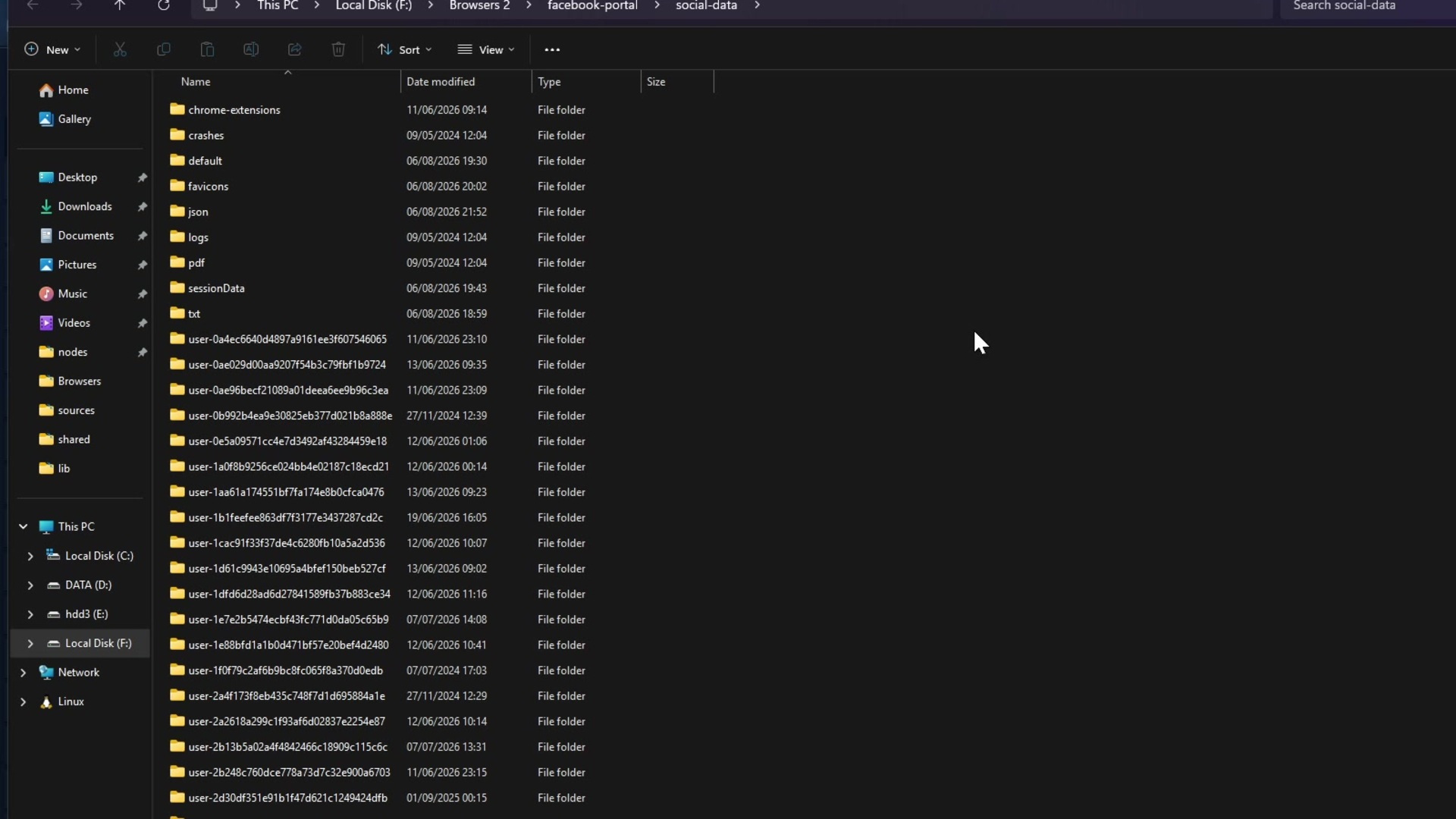 Windows File Explorer view of the Social Browser social-data directory, including the chrome-extensions folder alongside browser data.