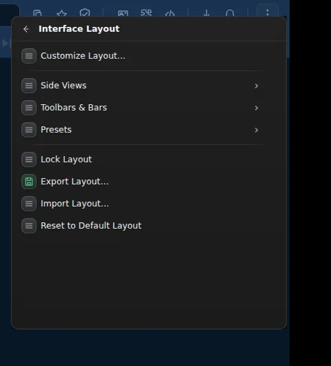 لقطة حقيقية من Interface Layout وتخصيص الأشرطة وإجراءات الحفظ وإعادة الضبط