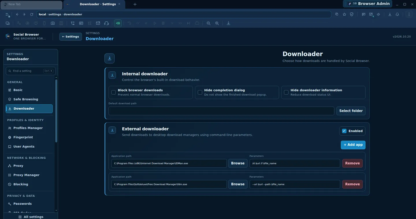 Actual Social Browser 2026.10.20 Downloader settings showing internal and external download manager controls