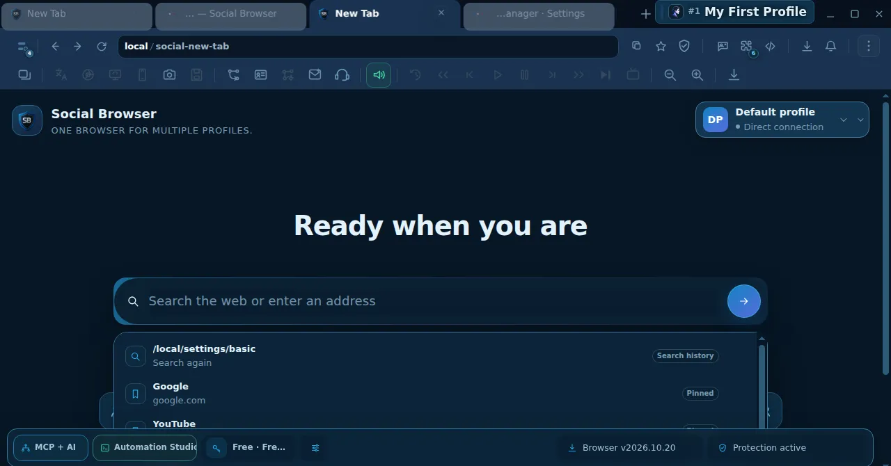 صفحة New Tab الفعلية مع مربع البحث واسم البروفايل