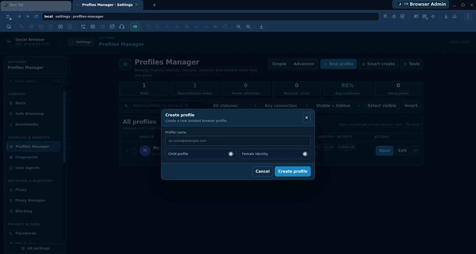 نافذة Create profile مع حقل Profile name وخيارات إضافية وزر Create profile