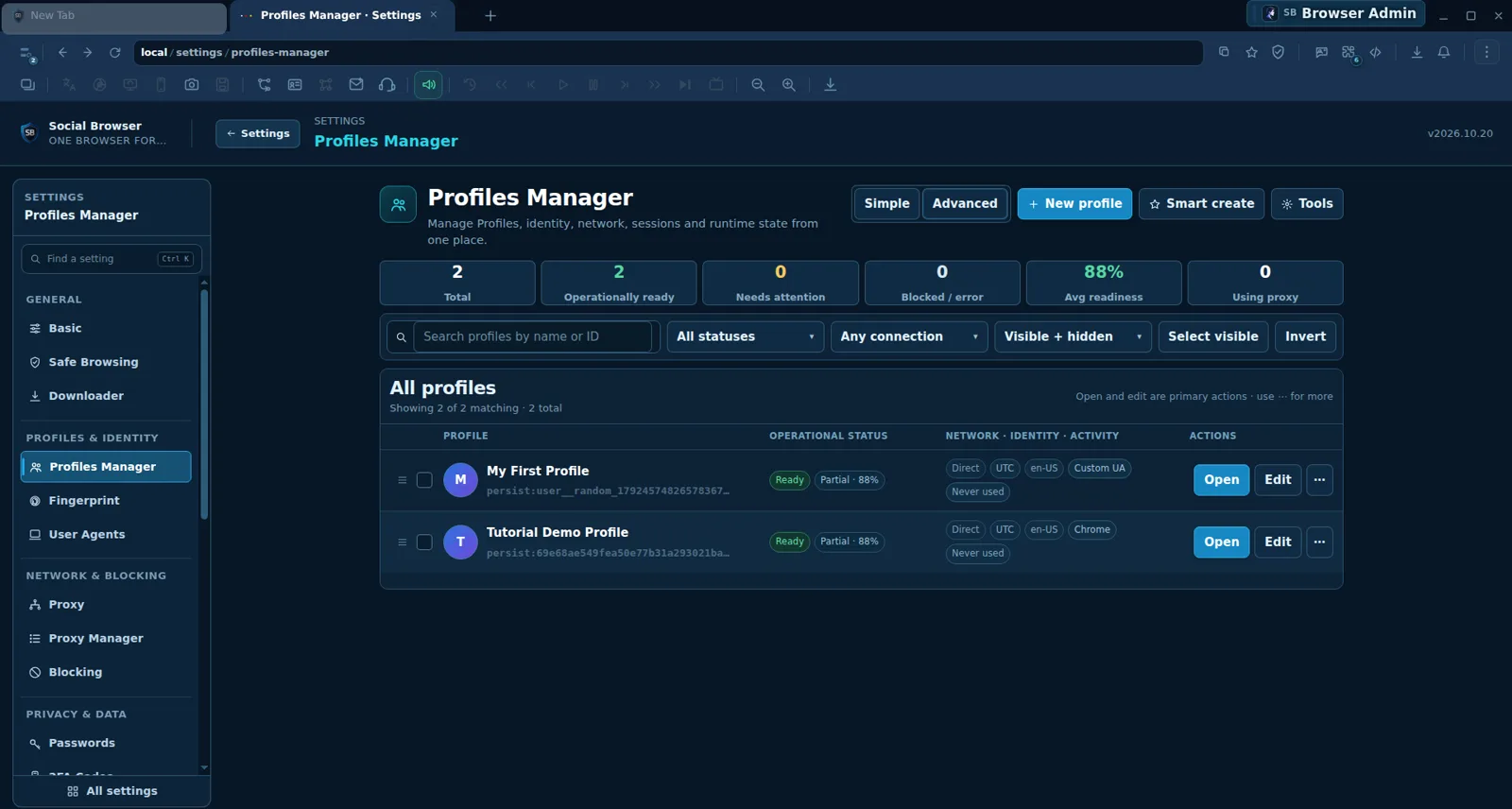 قائمة Profiles Manager بعد الإنشاء تعرض My First Profile وTutorial Demo Profile