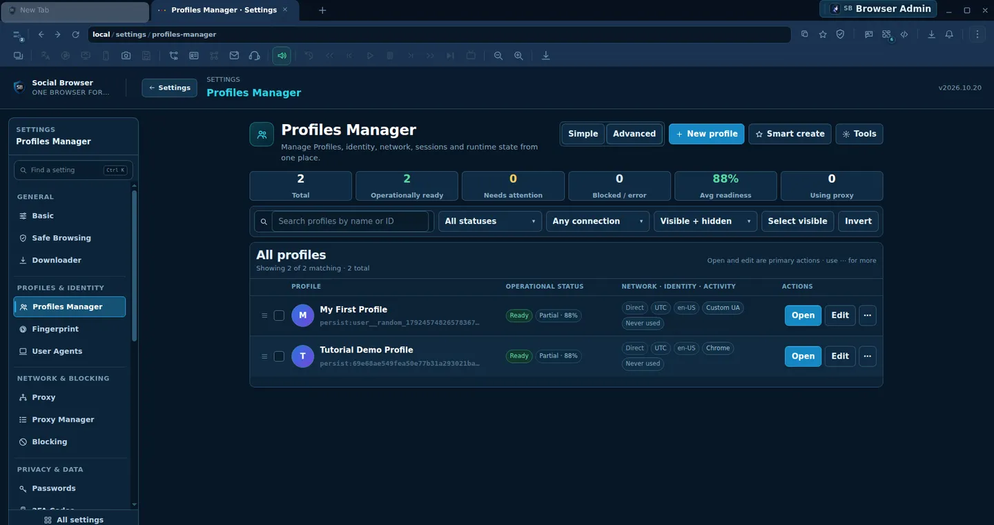 صورة حقيقية لقائمة Profiles بعد إضافة بروفايل اختباري