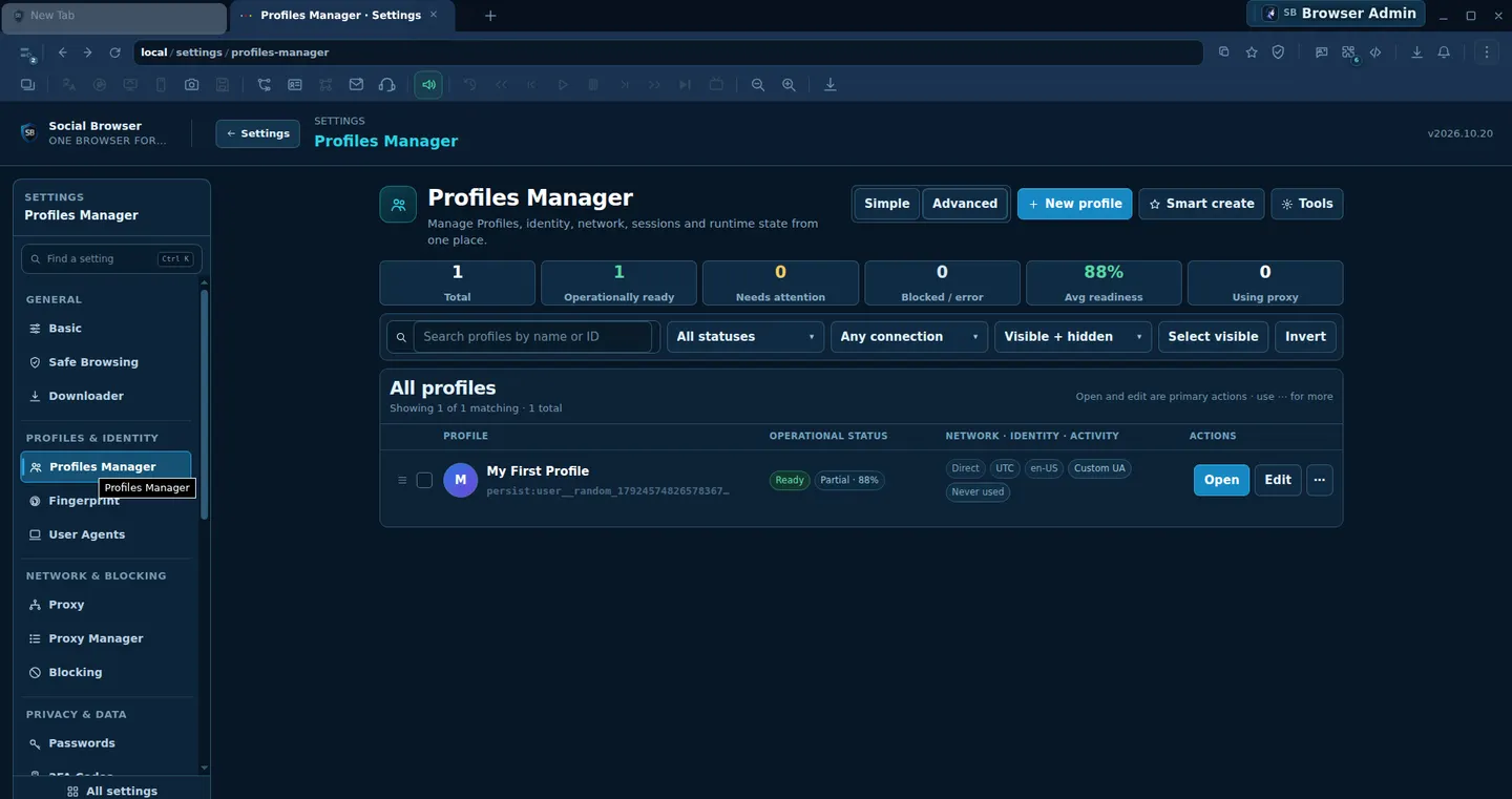 صورة حقيقية من Profiles Manager تعرض مؤشرات الجاهزية وفلاتر البحث