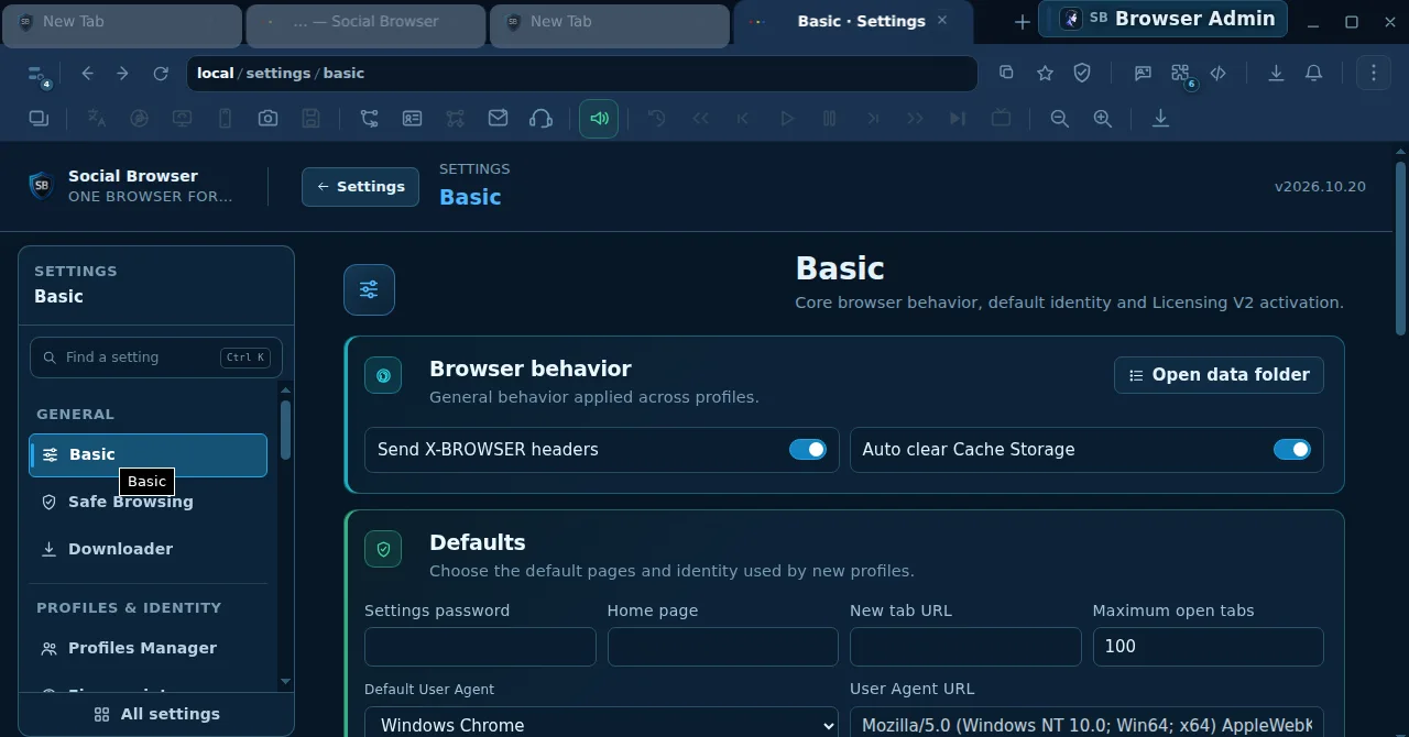 Basic — browser behavior, homepage, maximum tabs and user agent controls.
