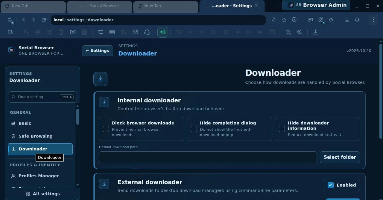 Downloader — internal downloads and optional external manager settings.