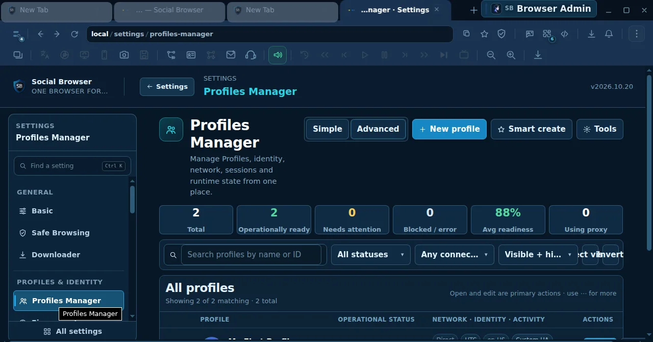 Profiles Manager — readiness, filters, and profile actions.