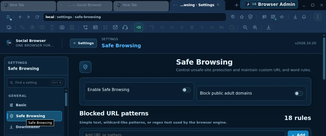 Safe Browsing — protection switches and blocked-pattern controls, with sample rules deliberately omitted.