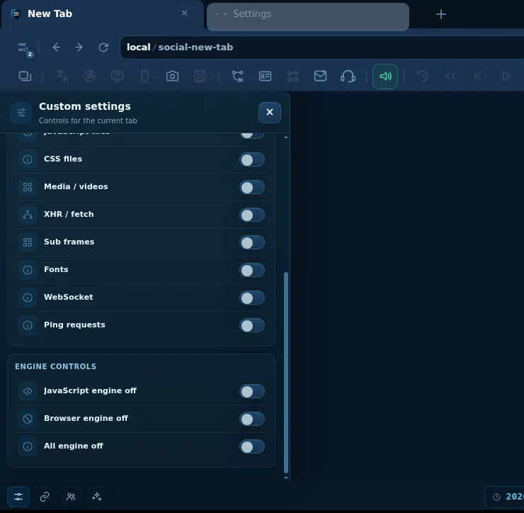 لقطة حقيقية من أسفل Custom settings تعرض خيارات إيقاف المحرك