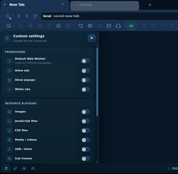 لقطة حقيقية من Custom settings للتاب الحالي تعرض مفاتيح الأذونات